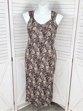 Vintage Y2K Loft Botanical Floral Stretch Jersey Slip Midi Dress Brown Cream 12